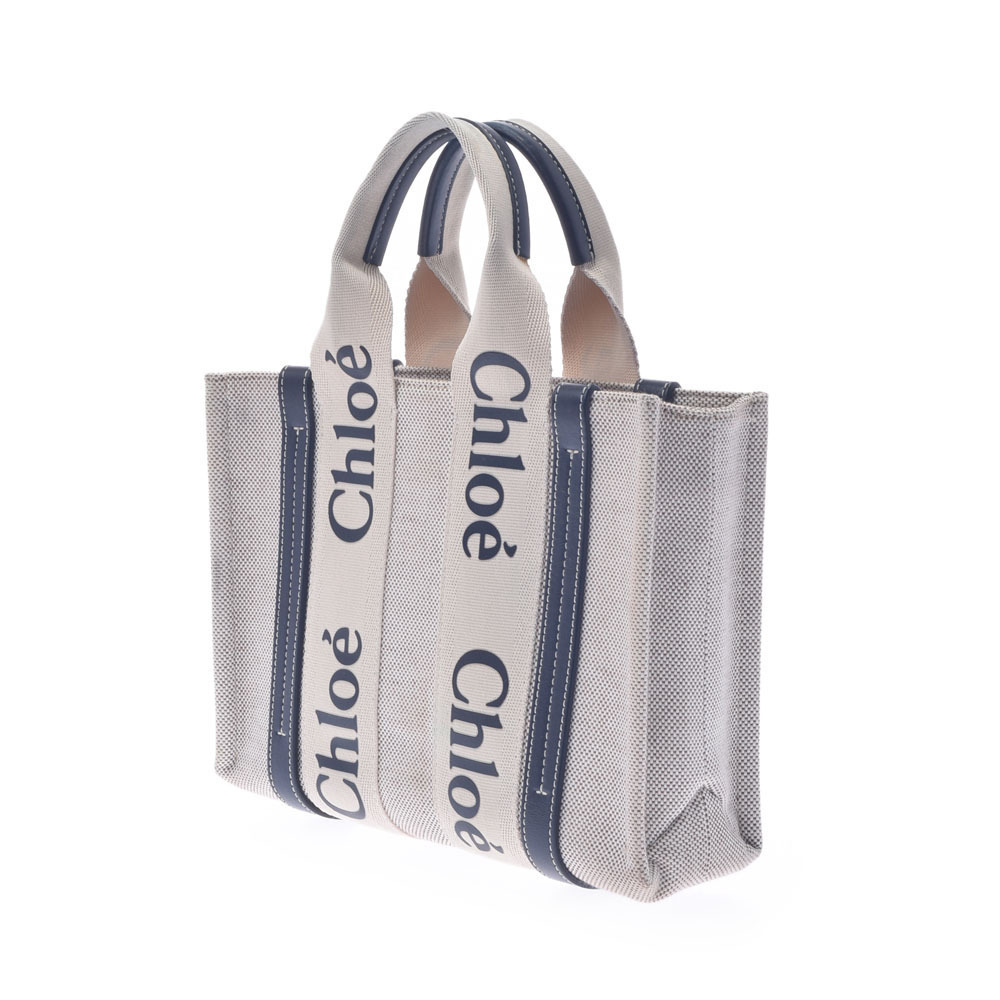 Chloe Tote Handbag White Bag Blue Woody Canvas